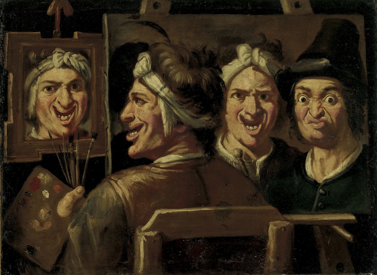 An artist at his easel, looking in a mirror, before a portrait of himself and another grimacing man by BOLOGNESE SCHOOL