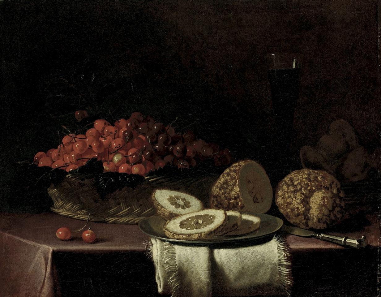 Cherries in a wicker basket, sliced citrons on a pewter plate, a knife, bread and a glass of wine on a linen-covered table by Cristoforo Munari