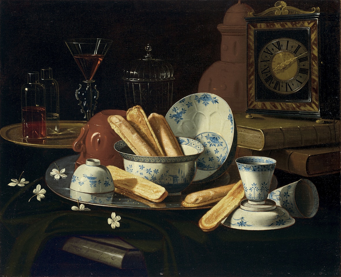 Biscuits, porcelain and an earthenware pot on a silver charger with a glass of wine, books, a clock, jasmine blossoms and other vessels on a partially draped stone ledge by Cristoforo Munari