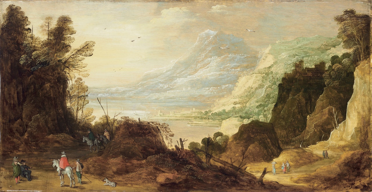 An extensive mountainous landscape with hunters on a path by Joos de Momper the Younger