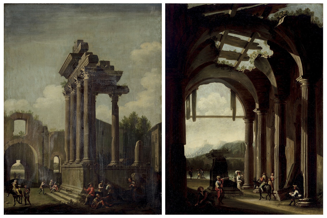 An architectural capriccio of ruins with figures; and An architectural capriccio of a ruined temple interior with figures by Viviano Codazzi