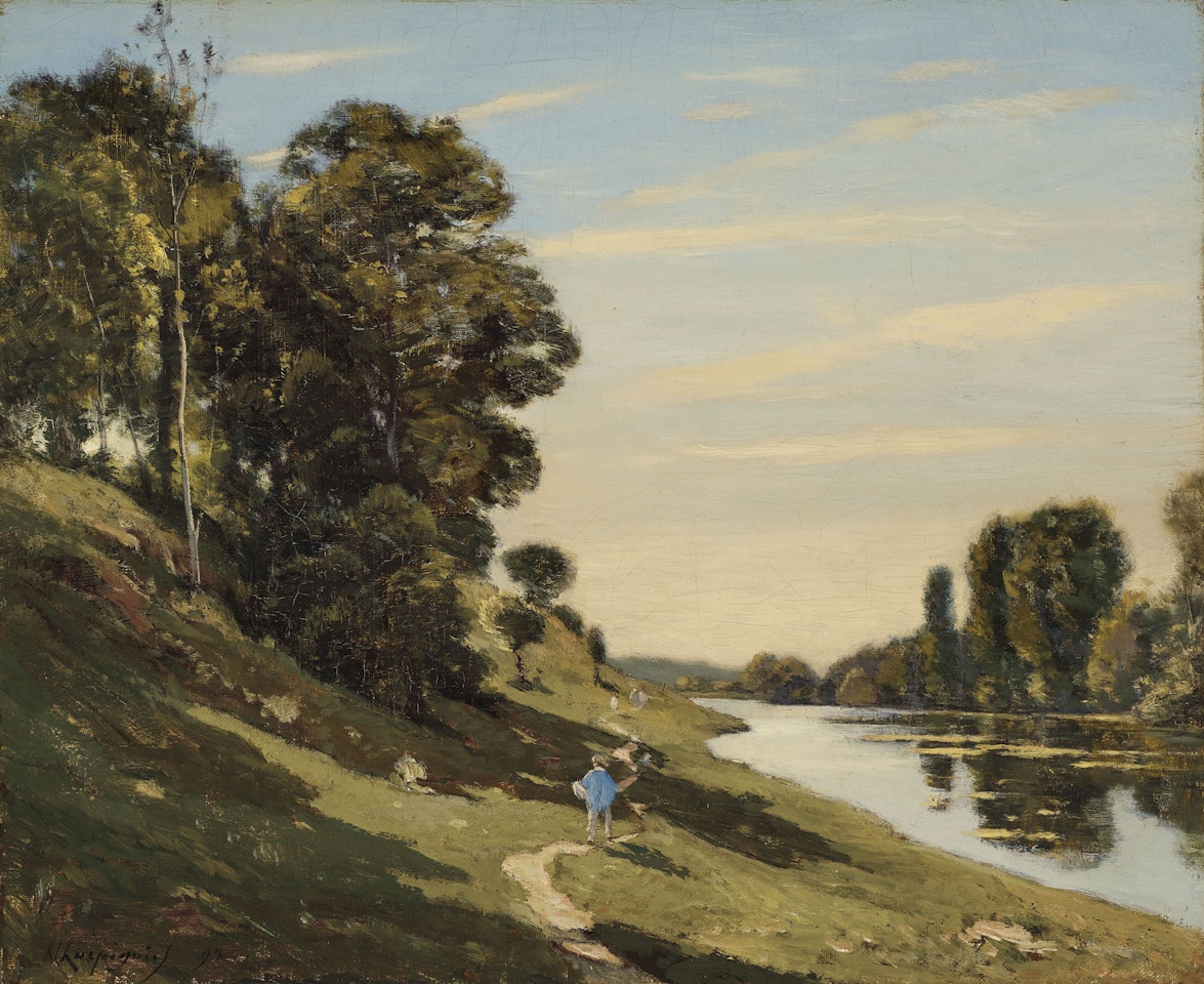 A Figure on a Path by a River by Henri Harpignies
