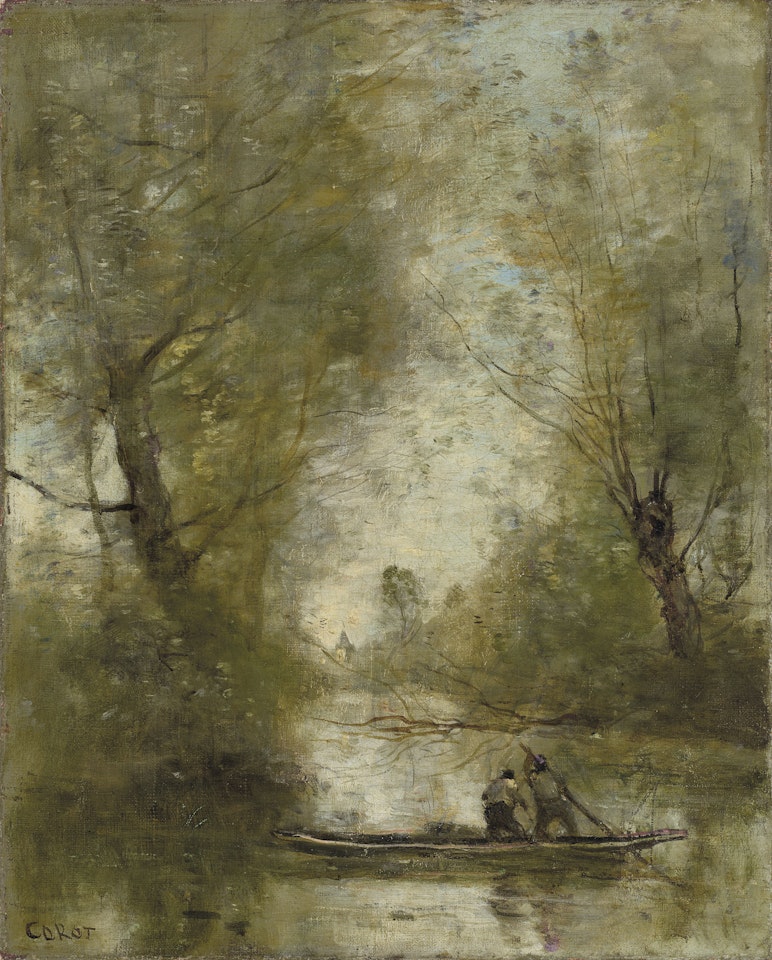 Deux bataliers en rivière by Jean Baptiste Camille Corot