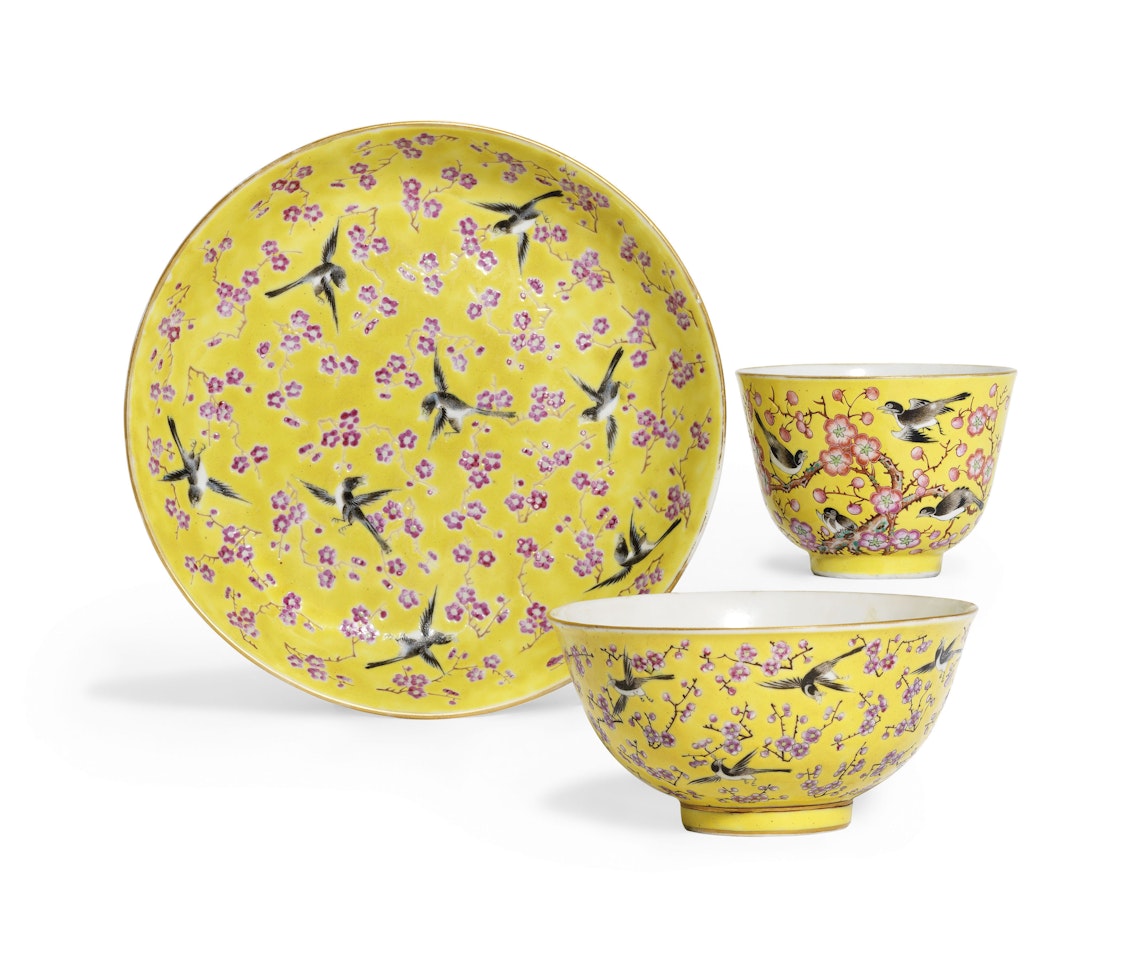 A FAMILLE ROSE 'MAGPIE AND PRUNUS' CUP, BOWL, AND DISH by Anonymous