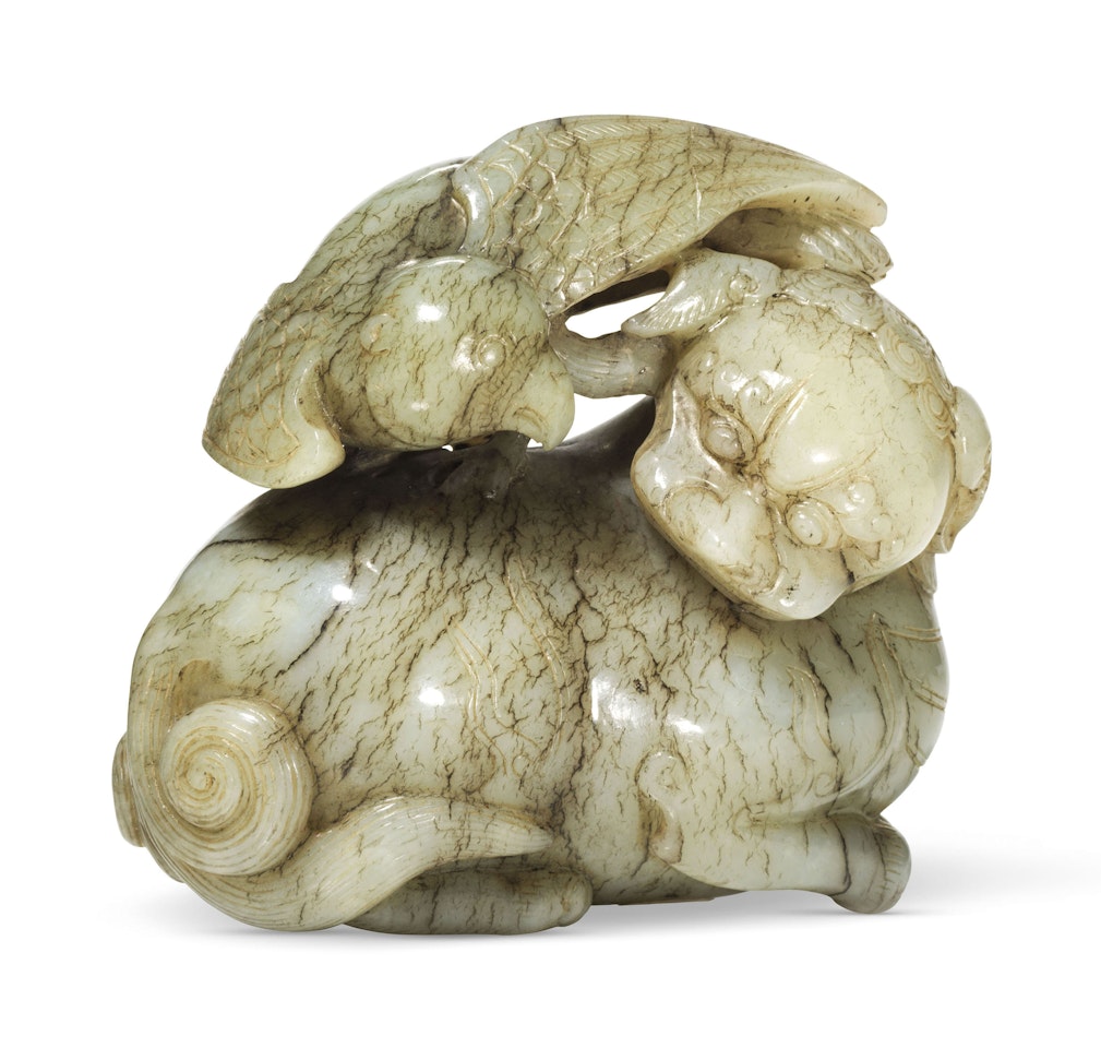 A MOTTLED GREY JADE 'EAGLE AND BEAR' GROUP by Anonymous