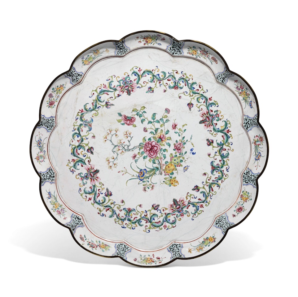 A VERY LARGE FAMILLE ROSE PAINTED ENAMEL LOBED TRAY by Anonymous