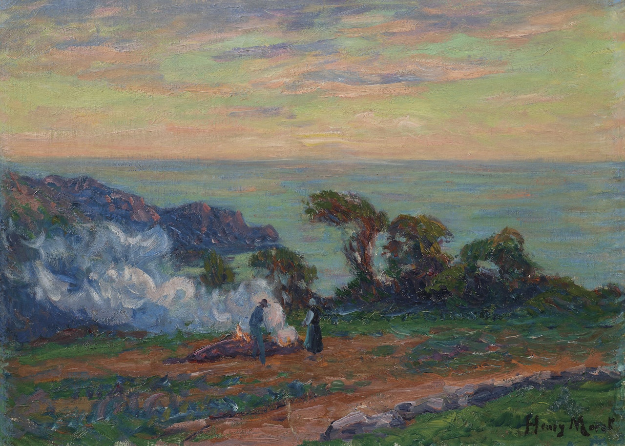 Le brûlage de goémon en bord de mer by Henry Moret