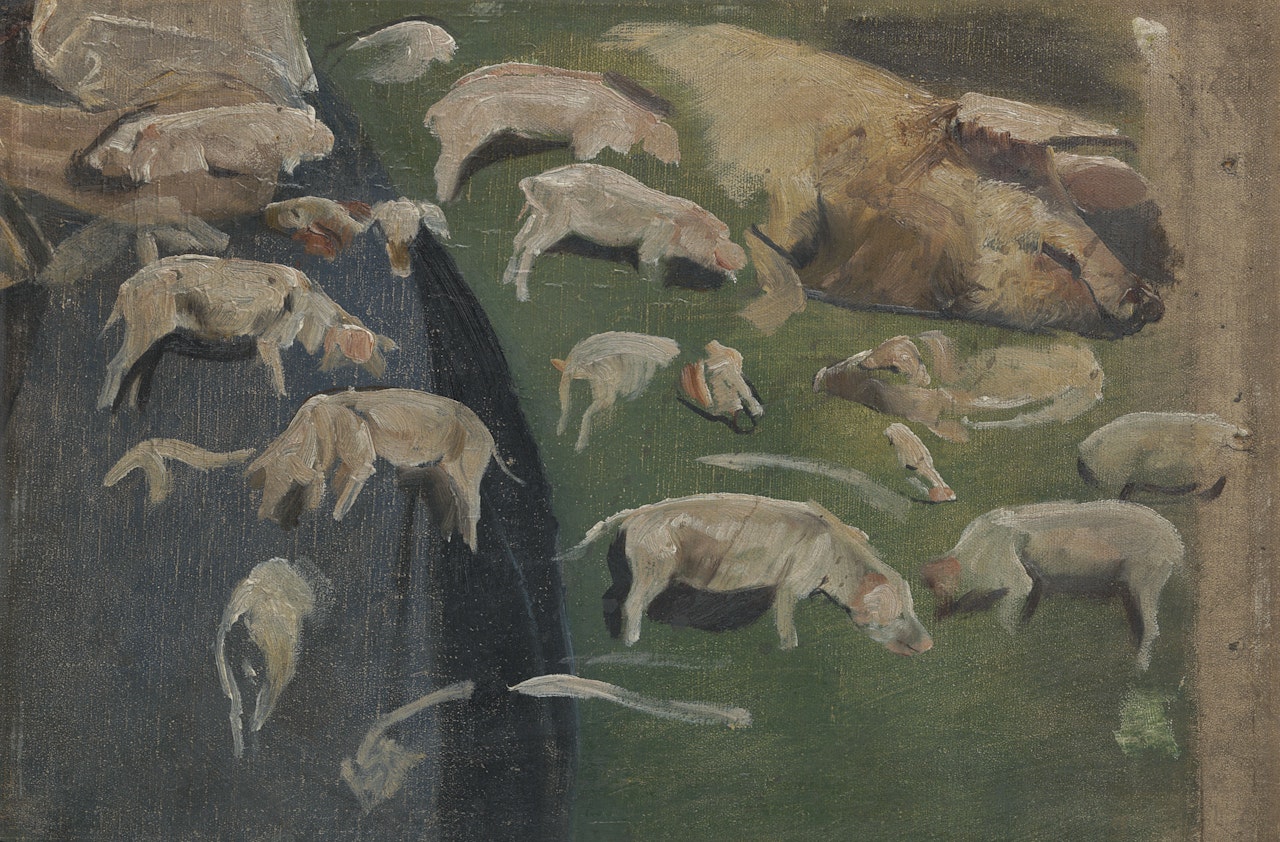 Muttersau und Ferkel, Studien zum Schweinekoben by Max Liebermann