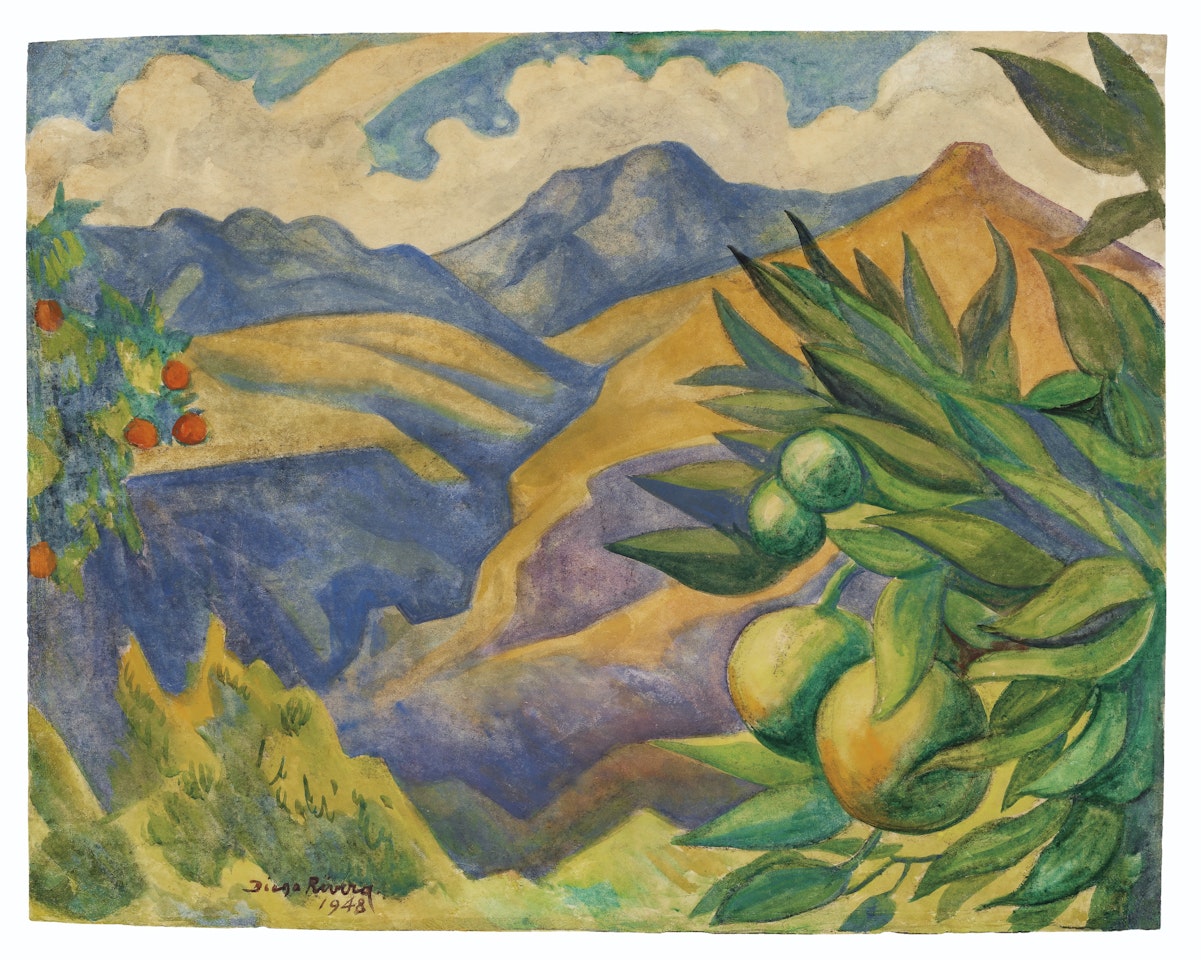 Paisaje con montañas y árboles frutales by Diego Rivera