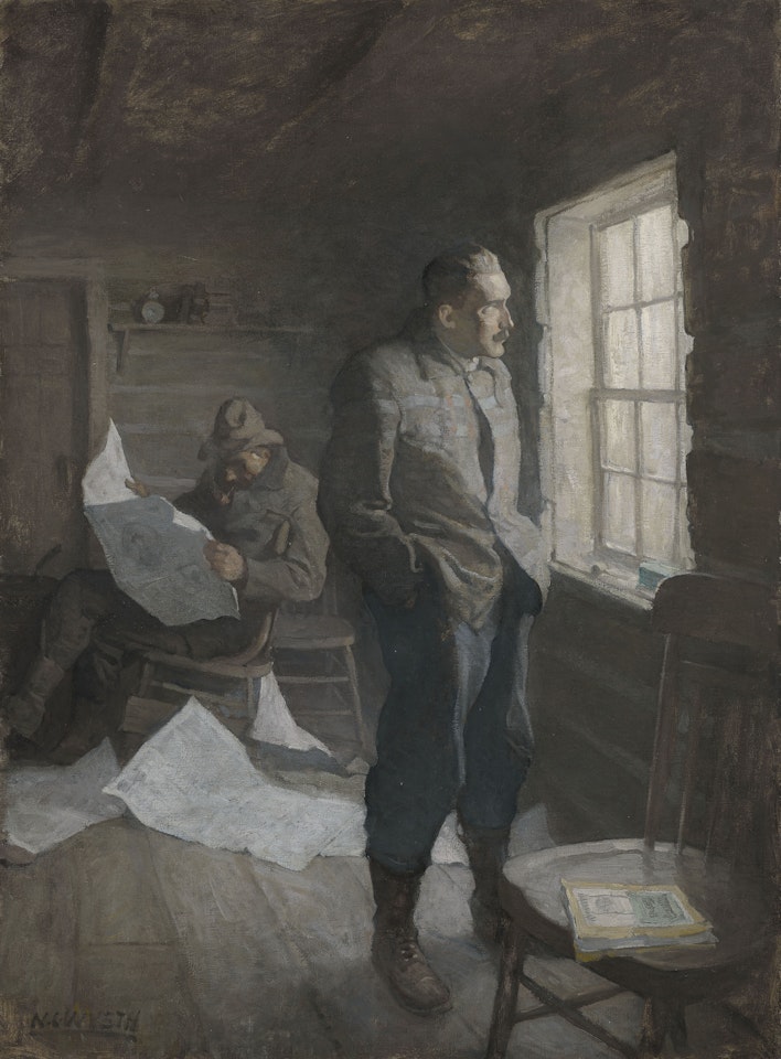 "There fell a long silence through which O'Hara read and Kenyon kept watch at the window" by Newell Convers Wyeth