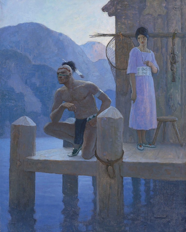 "She found Chingachgook studying the shores of the lake, the mountains, and the heavens..." by Newell Convers Wyeth