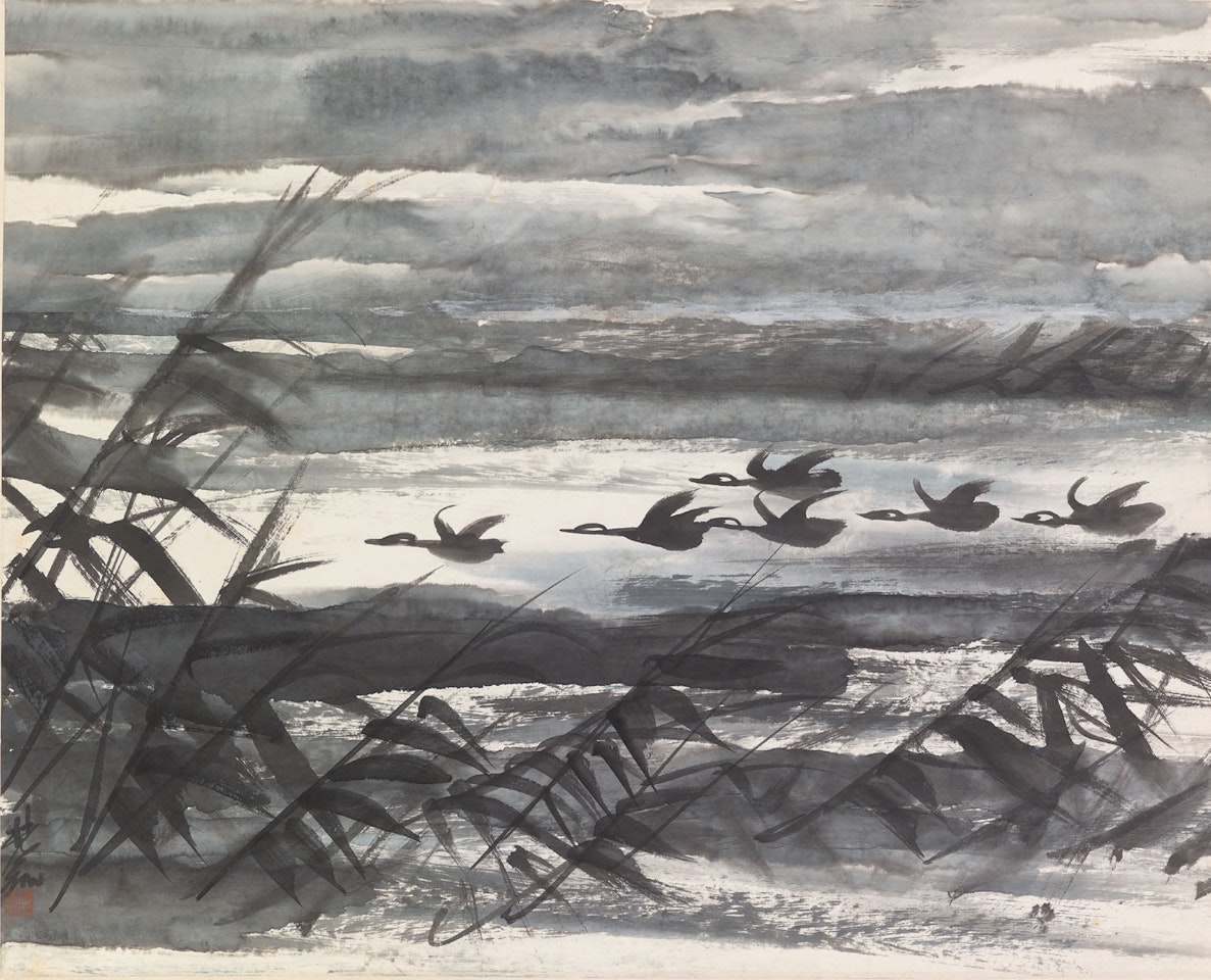 Wild Geese Flying Over Reedbeds by Lin Fengmian