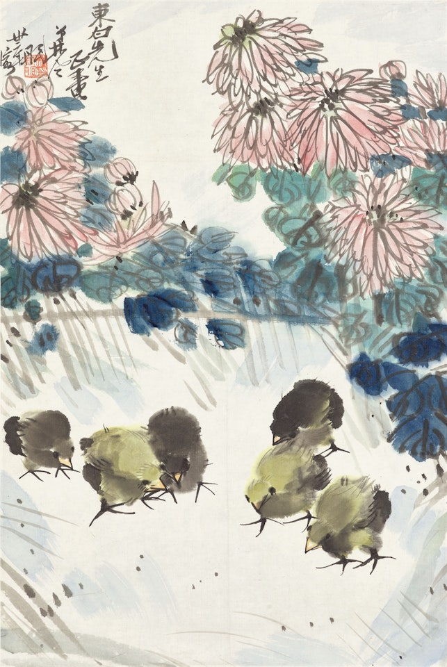 Chicks under Chrysanthemum by Lin Fengmian