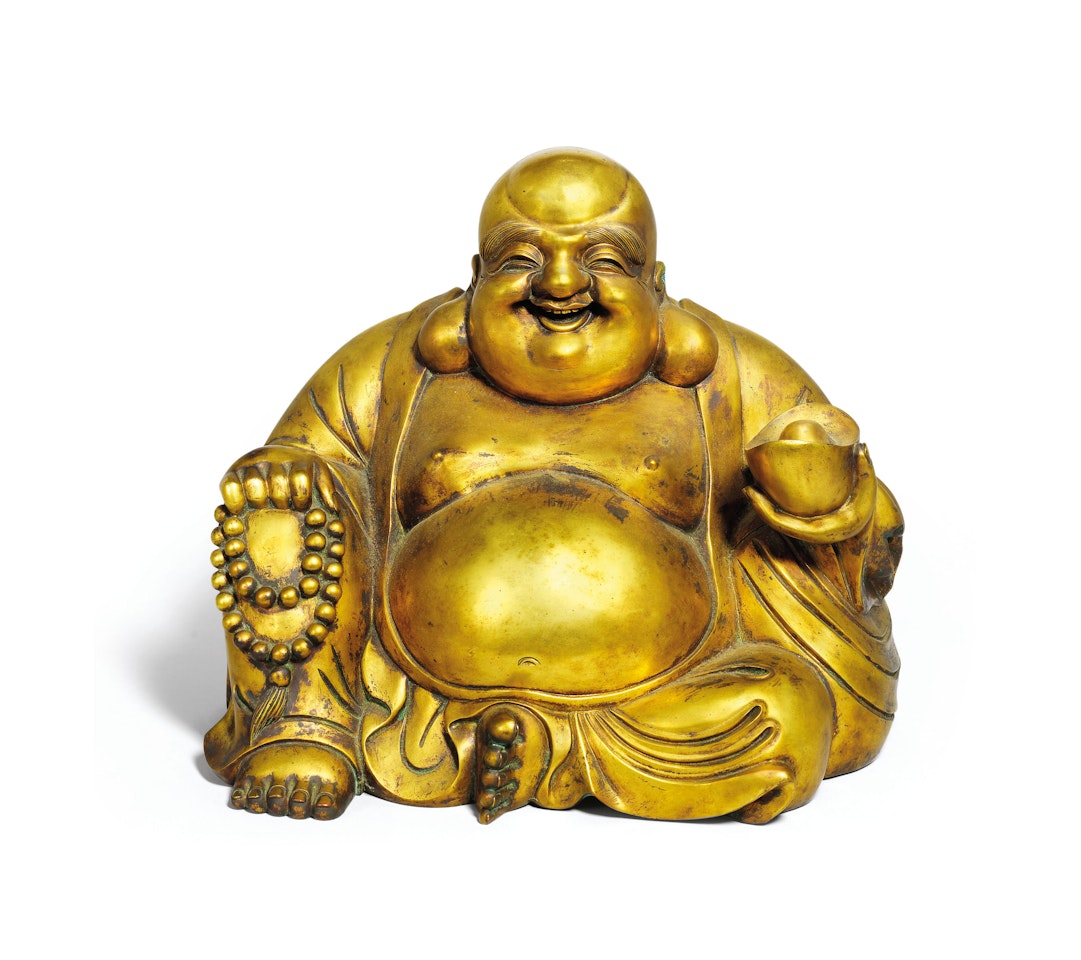 A LARGE GILT-BRONZE SEATED FIGURE OF BUDAI by Anonymous