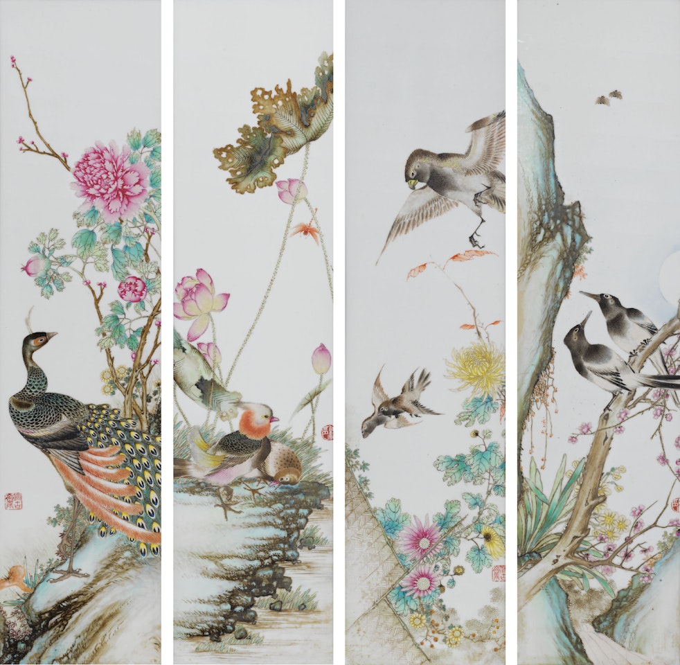 A SET OF FOUR FAMILLE ROSE  ‘FLOWERS OF THE FOUR SEASONS’ PLAQUES by Anonymous