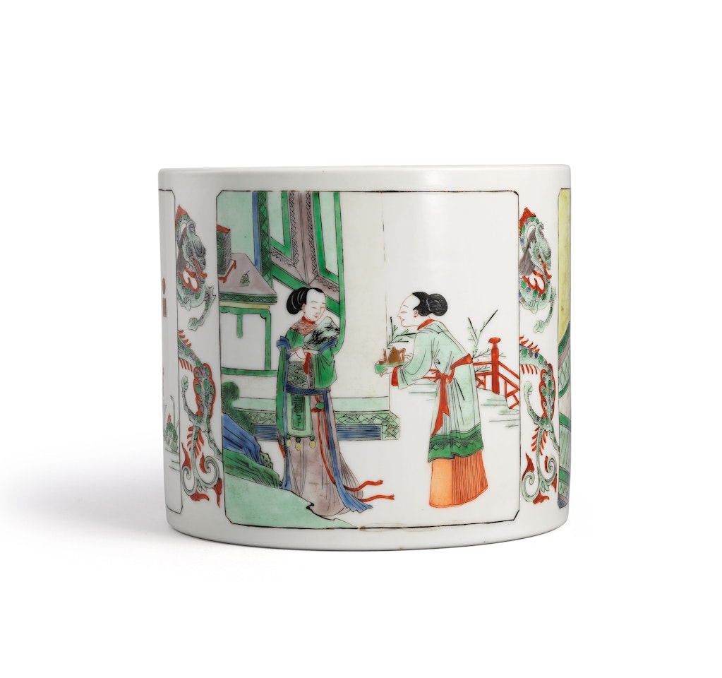 A FAMILLE VERTE ‘FIGURAL LANDSCAPE’ BRUSH POT by Anonymous