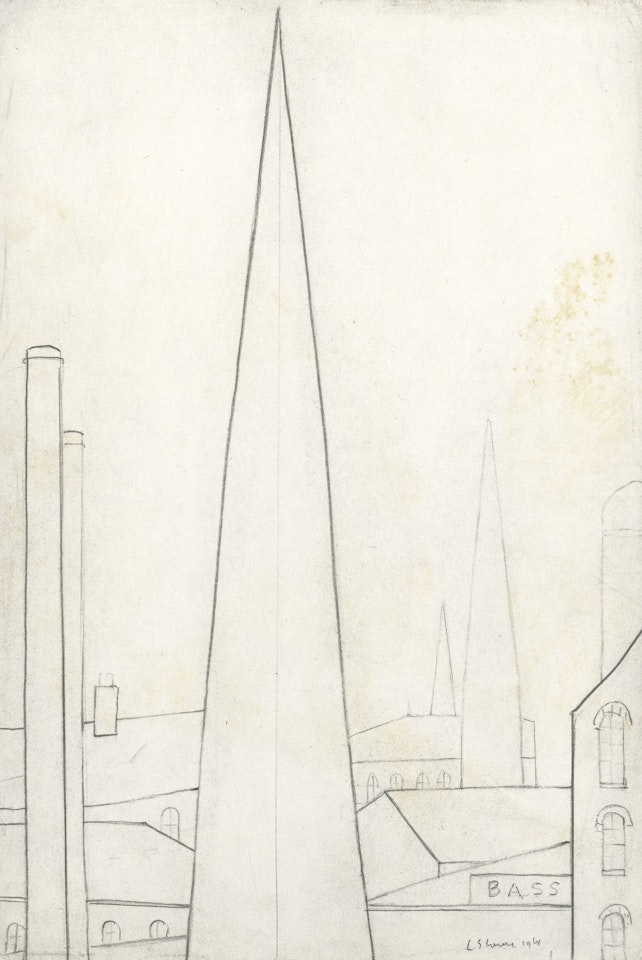 Spires and chimneys with 'Bass' sign by Laurence Stephen Lowry
