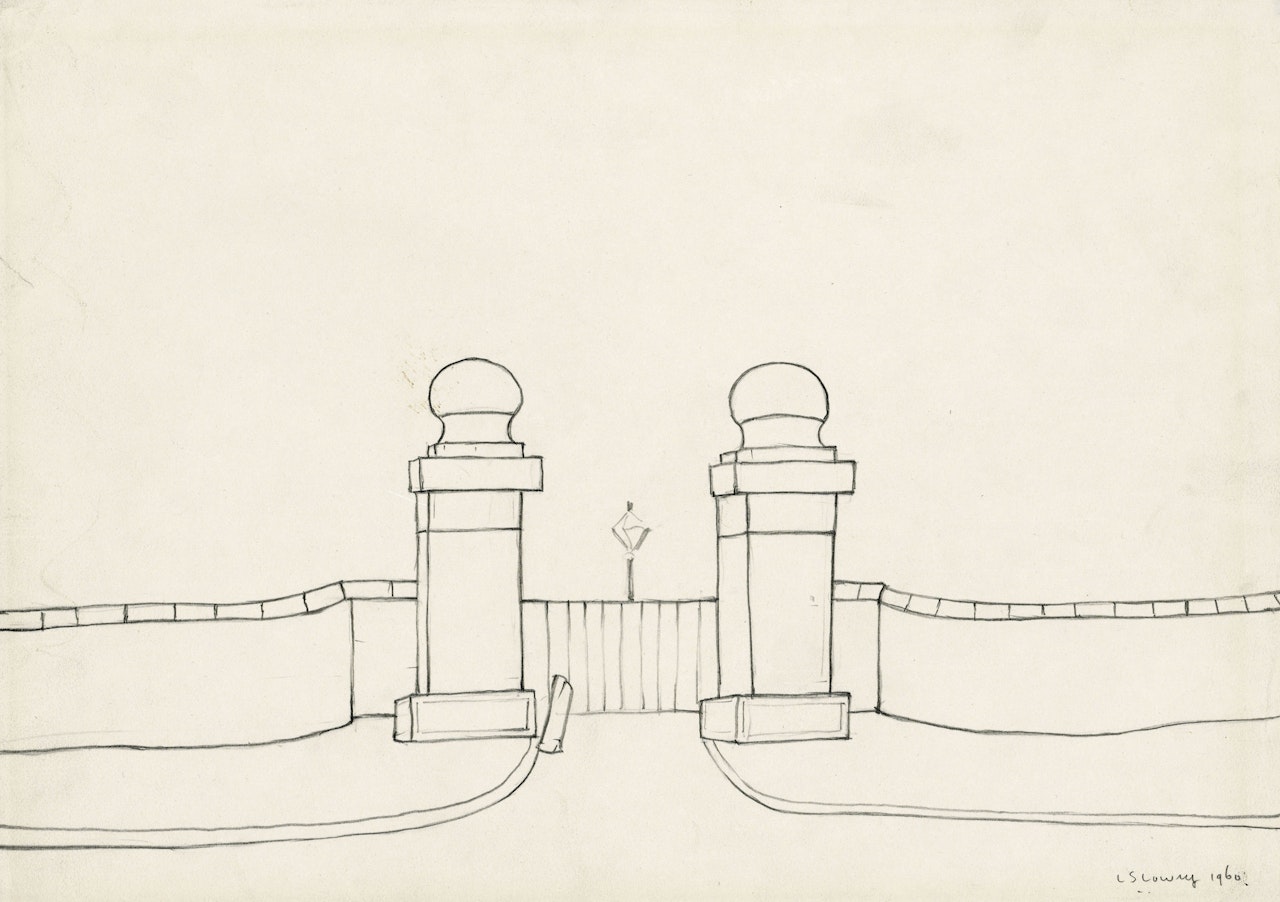 Gateway with pillars and lamp post by Laurence Stephen Lowry