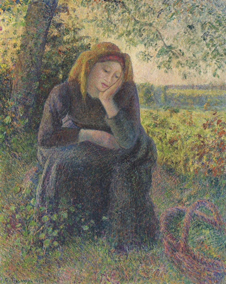 Paysanne rêveuse assise, soleil couchant by Camille Pissarro