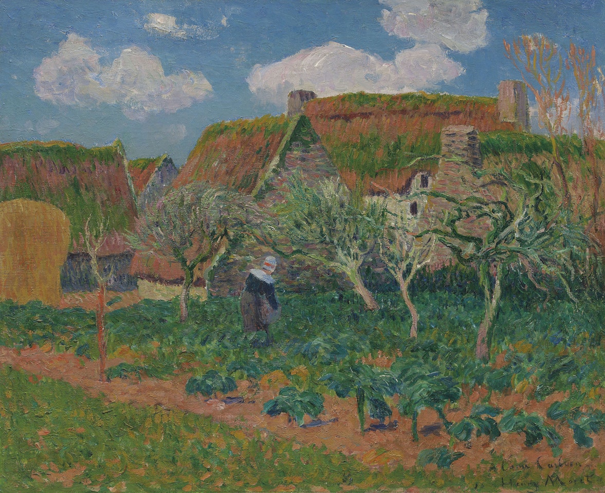 Bretonnes jardinant près des chaumières by Henry Moret
