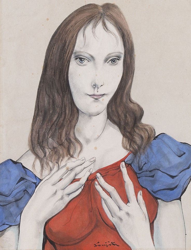 Jeune femme en robe rouge et bleu by Leonard Tsuguharu Foujita