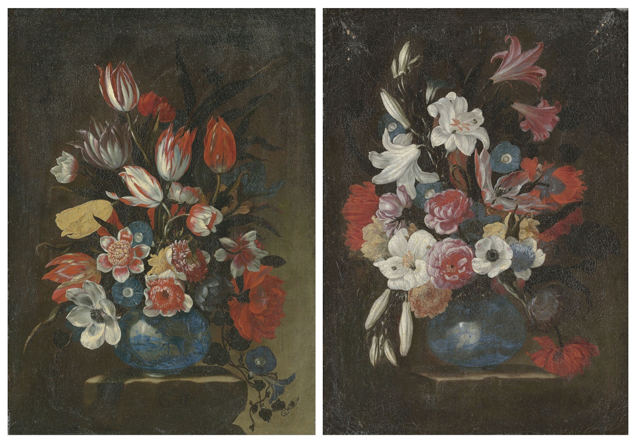 Flowers in a blue vase on a ledge with trailing columbine; and Flowers in a blue vase on a ledge by Giuseppe Recco