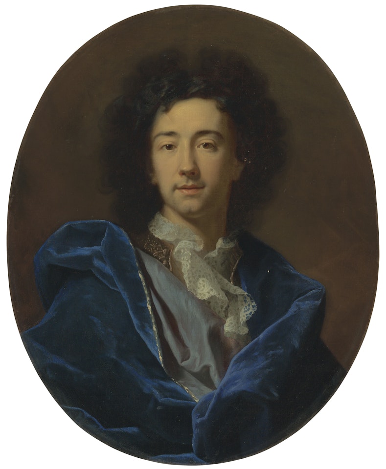 Portrait of the artist, bust-length, in a lace cravat and blue cloak by Hyacinthe Rigaud