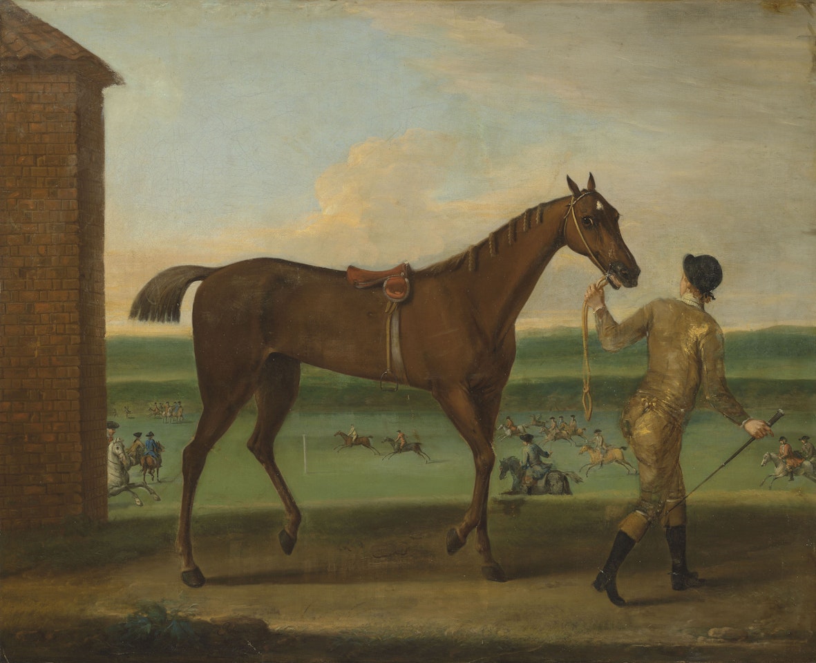 A chestnut mare, traditionally identified as Mr. Charles Pelham's Brocklesby Betty, led by a jockey at Newmarket by John Wootton