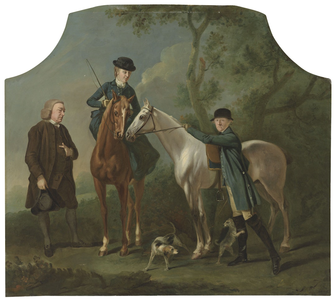 A lady and a gentleman preparing to go hunting, with their groom and dogs by English School
