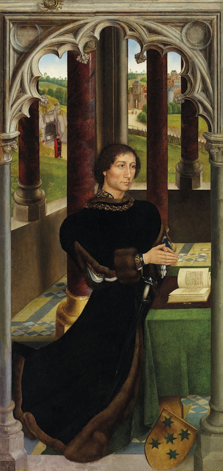 The wing of a triptych: Portrait of a member of the De Rojas family, kneeling, full-length by Hans Memling