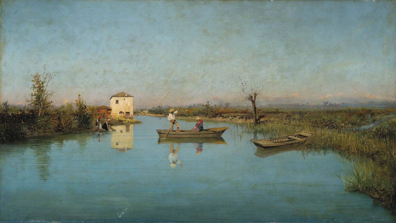 A traghetto crossing the Sile, the Dolomites beyond by Guglielmo Ciardi