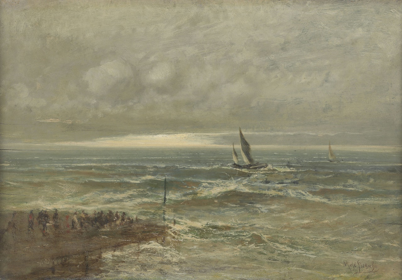 Chioggia, rough seas with figures on a promontory by Mose Bianchi