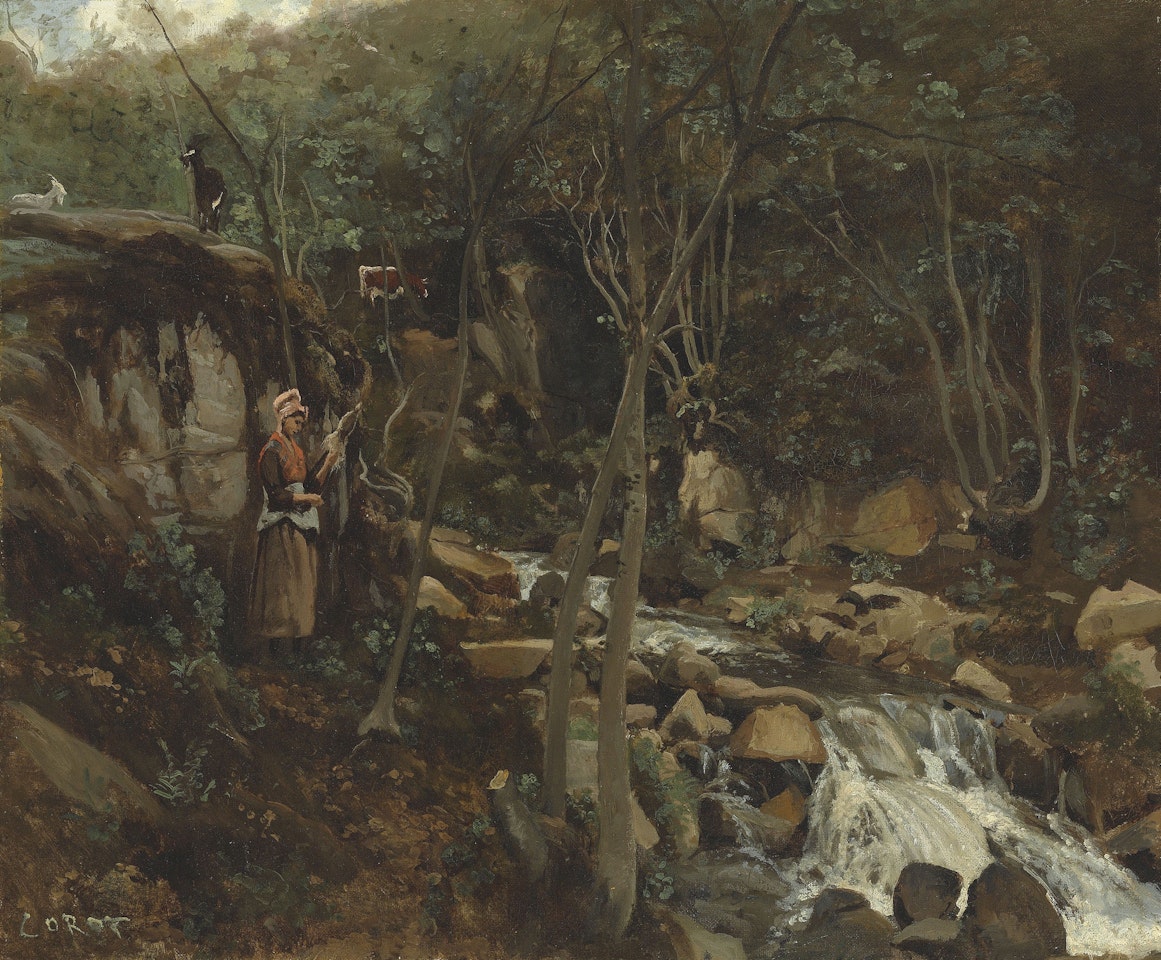 Lormes - Un torrent avec une chevrière debout, filant by Jean Baptiste Camille Corot