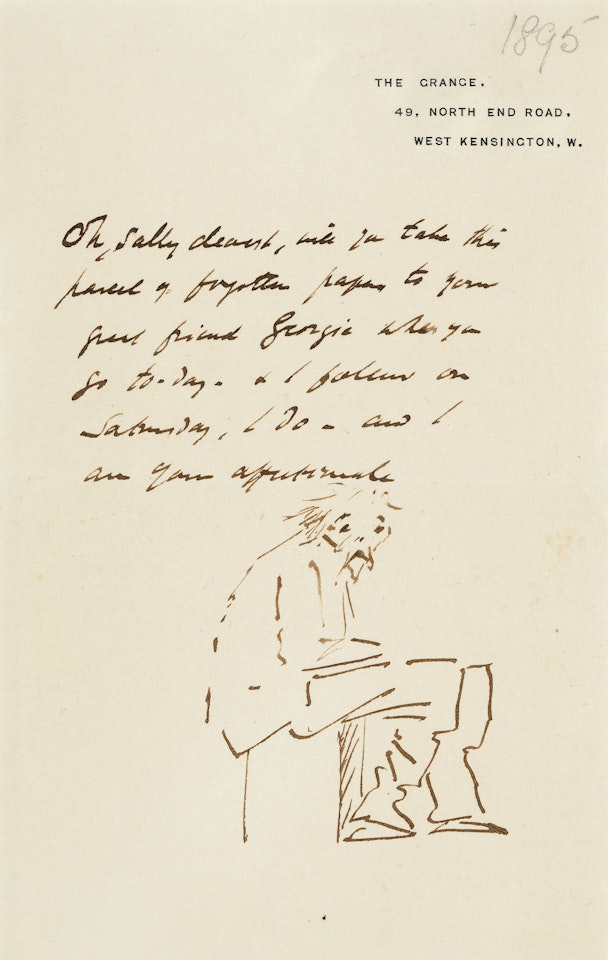 A self-portrait in caricature; A chicken regarding a worm; and A cat watching a bird by Edward Coley Burne-Jones