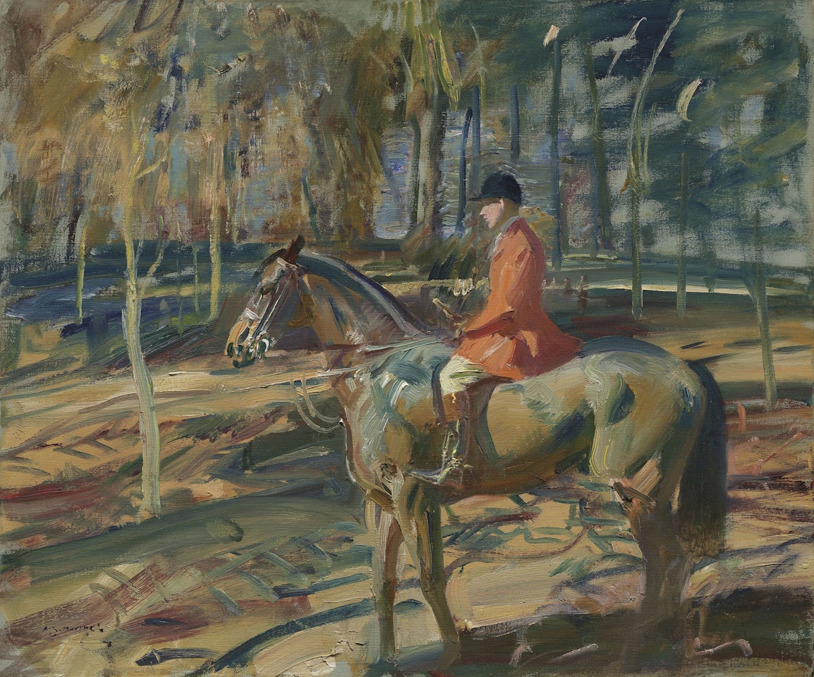 Winter sunshine: huntsman by a covert by Alfred James Munnings