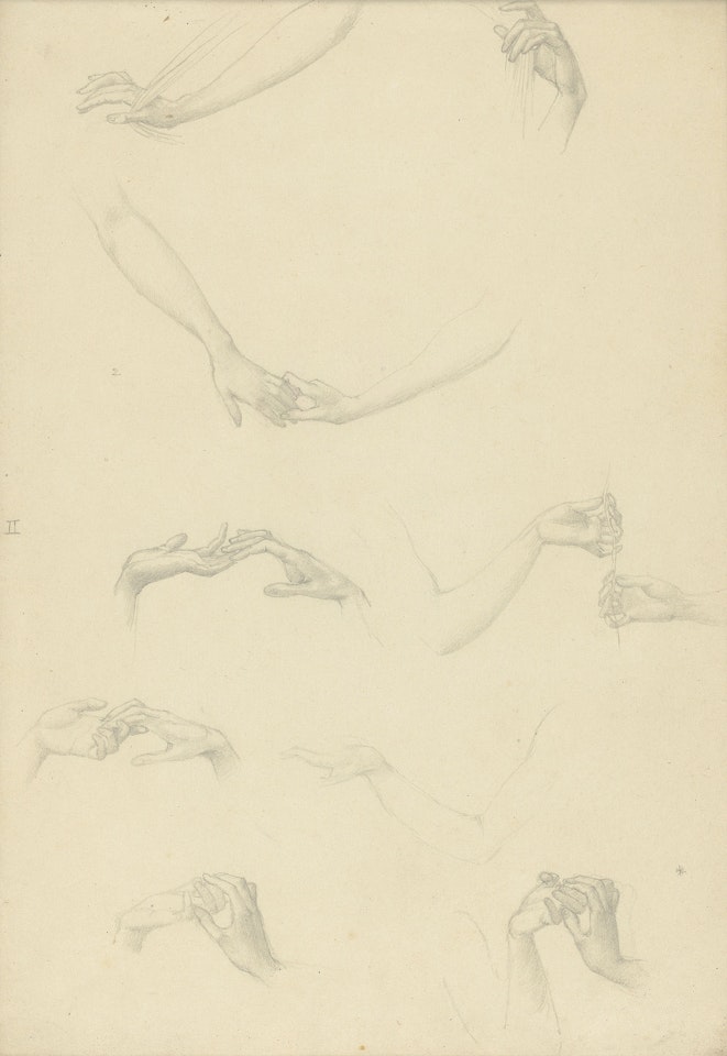 A sheet of hand studies for 'The Mill' by Edward Coley Burne-Jones