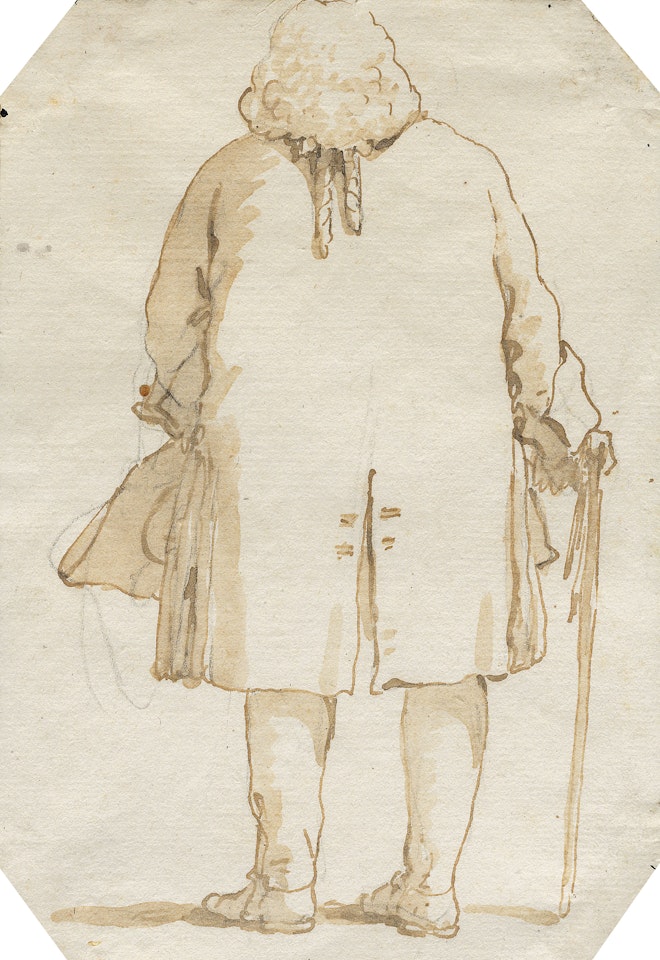 Caricature of a man seen from behind, with a cane and holding a tricorne hat by Giovanni Battista Tiepolo