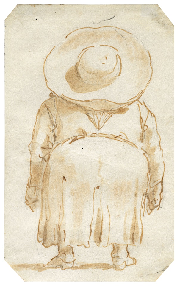 Caricature of a corpulent man seen from behind, wearing a hat by Giovanni Battista Tiepolo