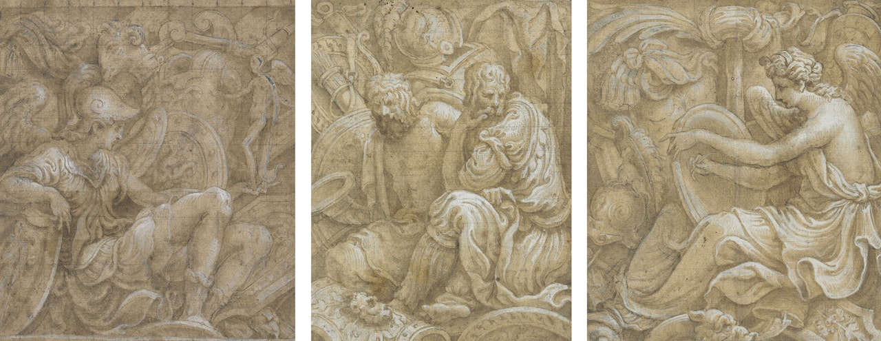 A young warrior seated among pieces of armour and sculpture; Two prisoners seated among pieces of armour; and Fame seated among pieces of armour by Giulio Campi