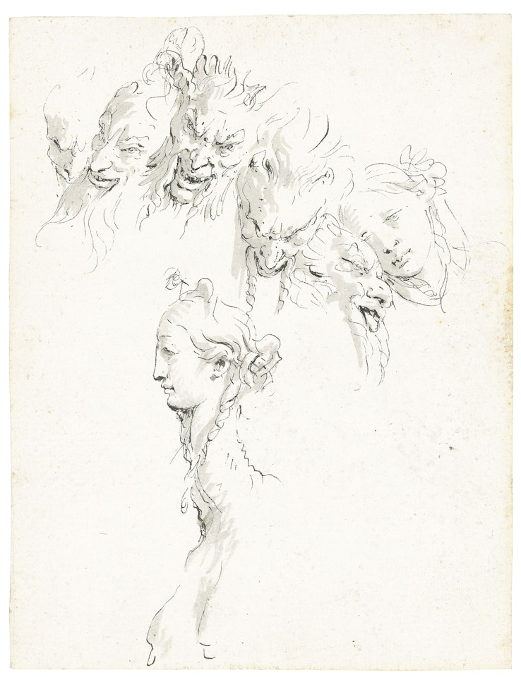 Heads of four satyrs, a young woman and a female sphinx by Giovanni Battista Tiepolo