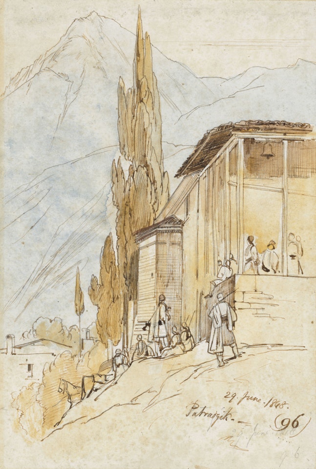 Soldiers outside a building, Ypati by Edward Lear