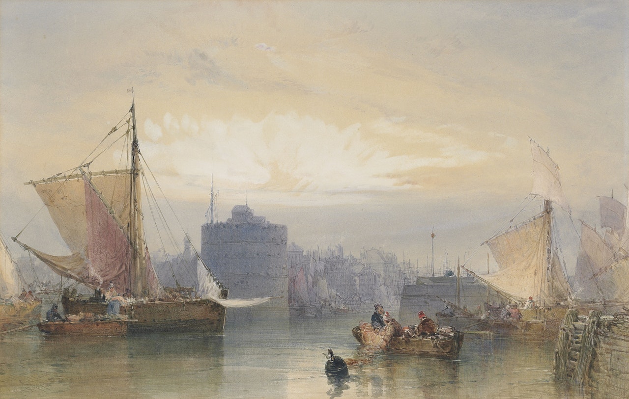 Fishing boats waiting for the tide, Port of Havre, sunrise by William Callow