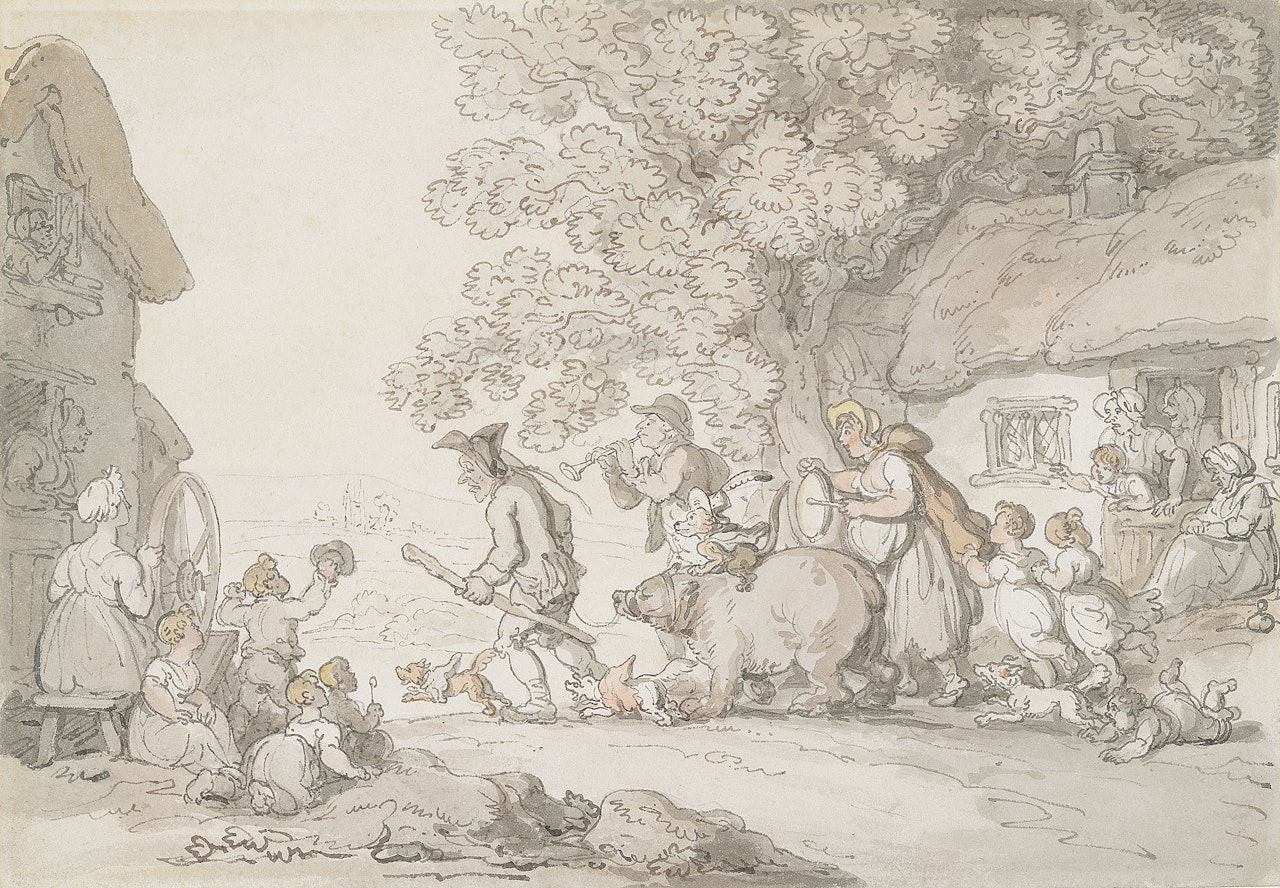 Strolling players with a dog riding a bear by Thomas Rowlandson