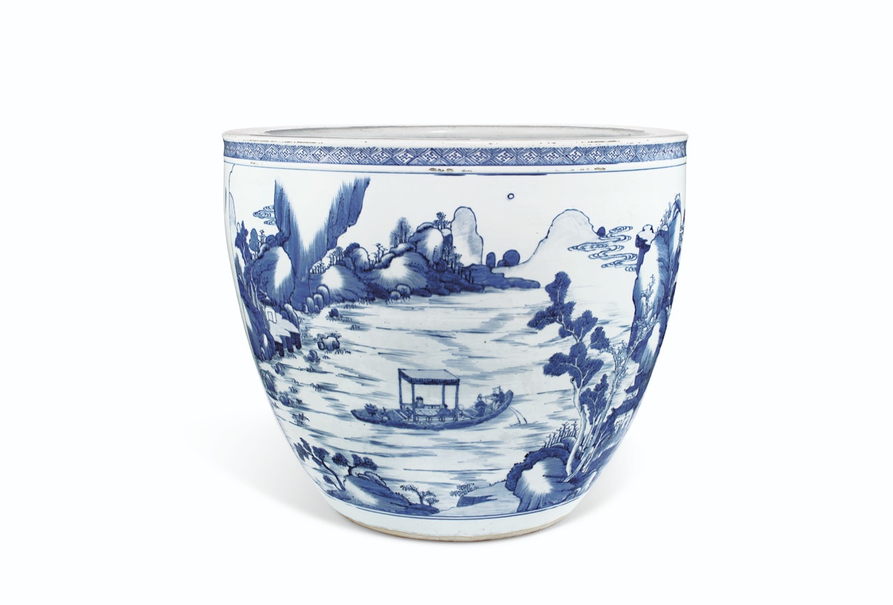 A MASSIVE BLUE AND WHITE JARDINIÈRE by Anonymous