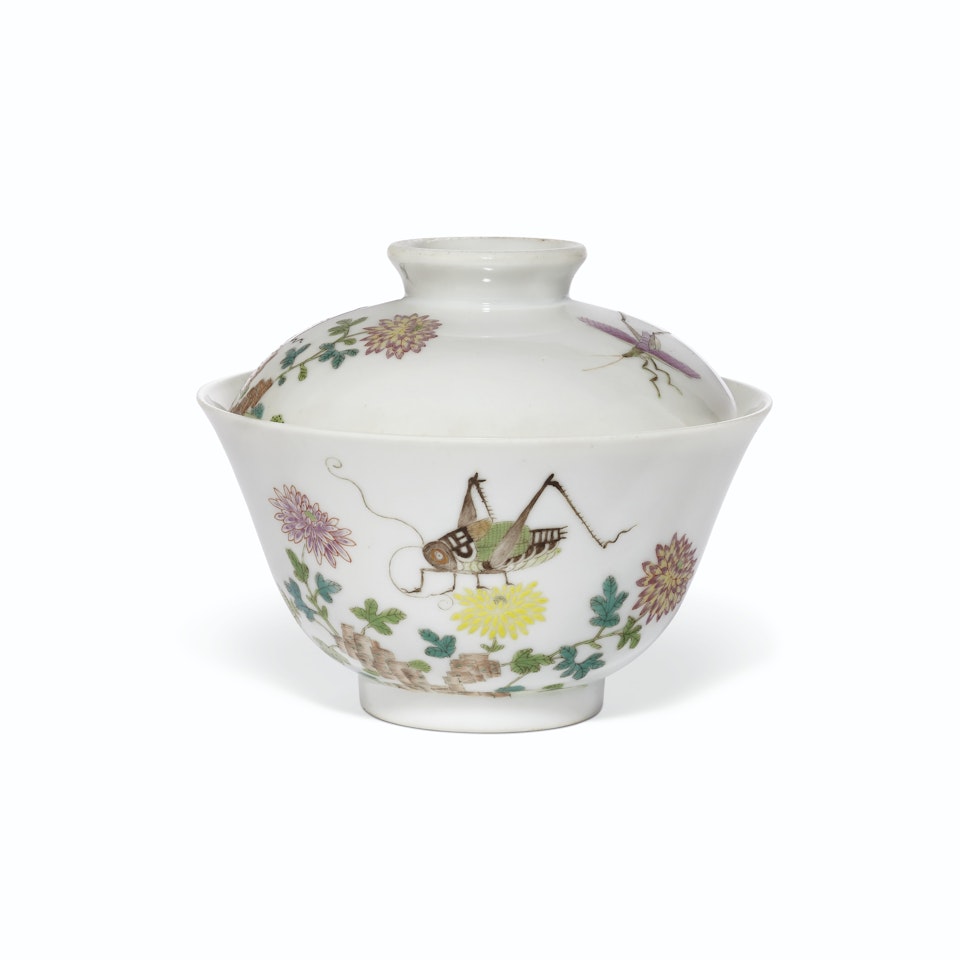 A FAMILLE ROSE 'KATYDID' BOWL AND COVER by Anonymous