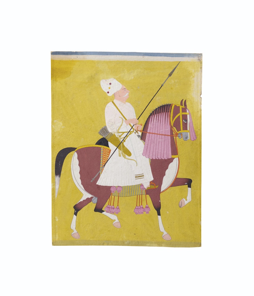 A PORTRAIT OF JALAM SINGH RIDING A PIEBALD STALLION by Anonymous
