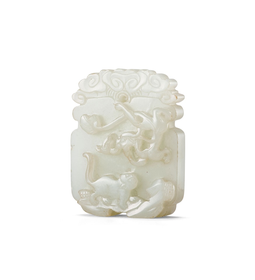 A PALE CELADON JADE INSCRIBED ‘DRAGON AND TIGER’ PLAQUE by Anonymous