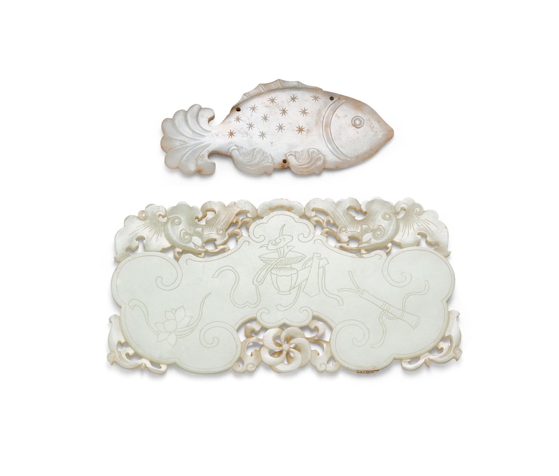 A GREYISH-WHITE JADE FISH-SHAPED PENDANT AND A WHITE JADE OPENWORK ‘TWIN BATS’ MUSICAL CHIME, QING by Anonymous