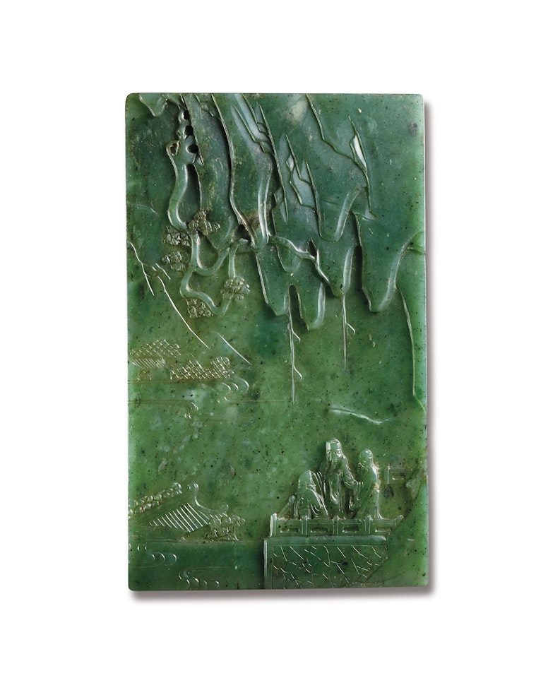 A SPINACH-GREEN JADE RECTANGULAR ‘IMMORTALS’ PLAQUE by Anonymous