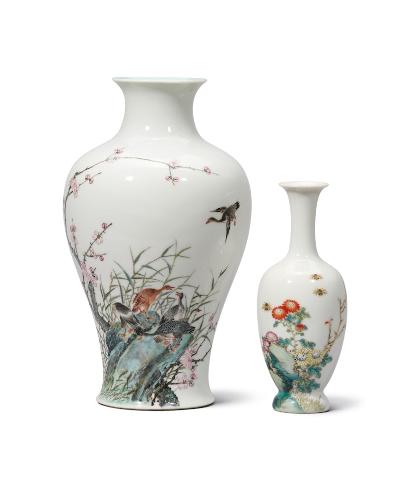 A FAMILLE ROSE ‘WILD GEESE’ VASE AND A FAMILLE ROSE ‘CHRYSANTHEMUM’ VASE by Anonymous